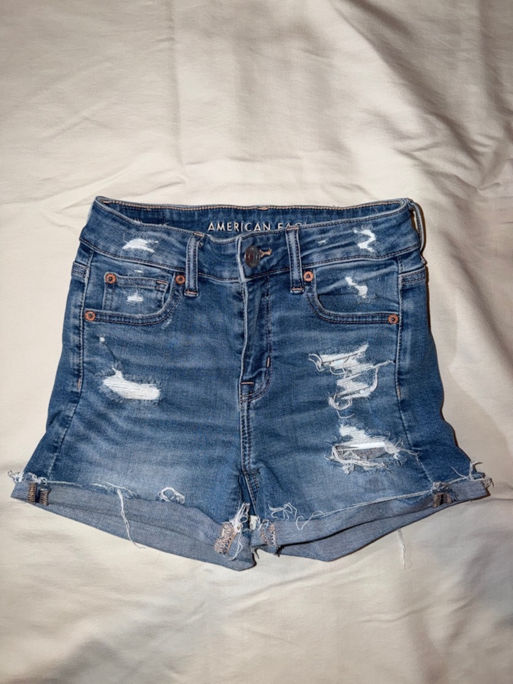 American Eagle Outfitters Blue Distressed High-Rise‎ Denim Shorts